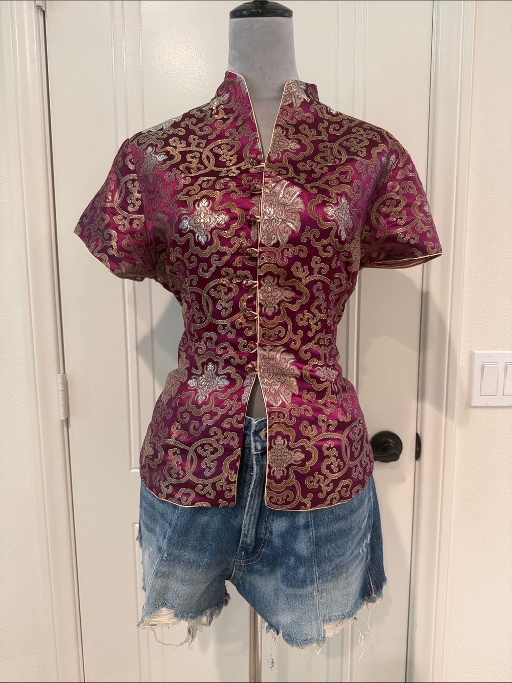 100% Silk Metallic Floral Brocade Button-Down Top in Magenta and Gold